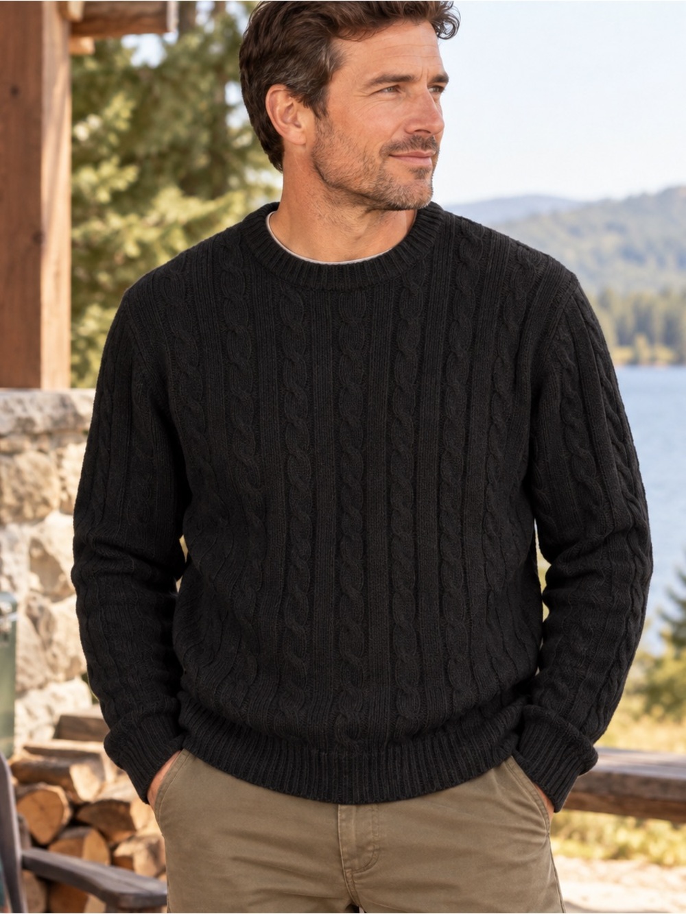 L.L.Bean Men’s Cable Knit Lambswool Wool Sweater Black M